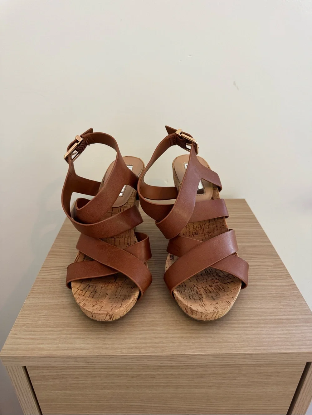 INC International Concepts Brown Leather Cork Wedge Sandals with Gold Buckles